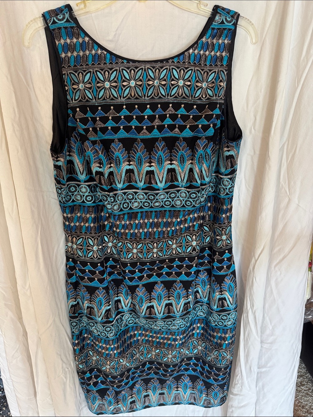 White House Black Market Black & Blue Embroidered Sleeveless Mini Dress